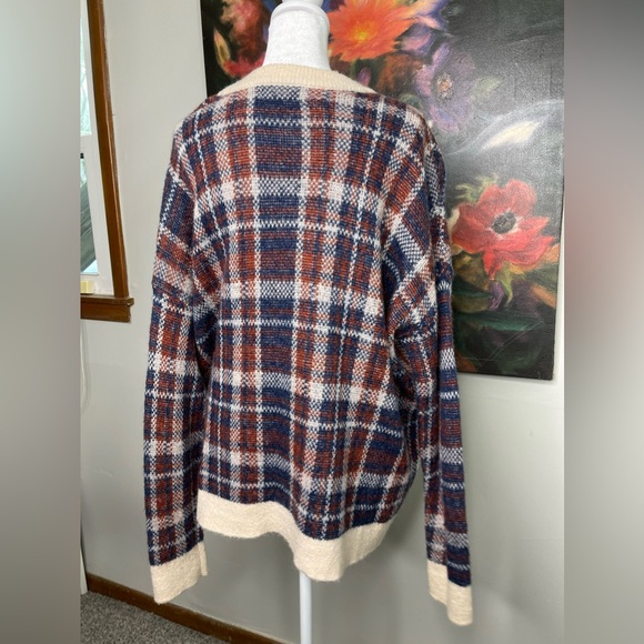 Banana Republic Red Plaid Alpaca Wool Fuzzy V neck Oversized Sweater Sz M Preppy - Picture 5 of 8